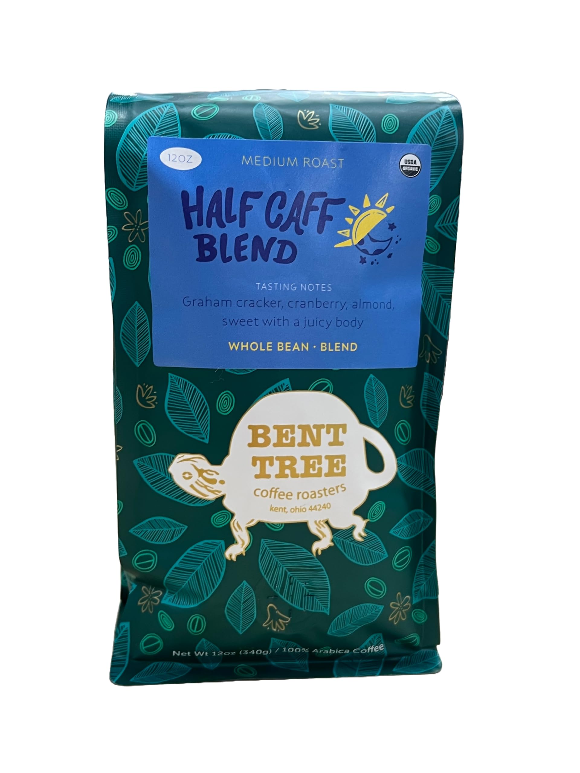 Bent Tree Coffee Roasters Organic Coffee, 12oz (Half Caff Blend), Whole Bean Coffee, Medium Roast, USDA Organic, Sweet with a Juicy Body, Graham