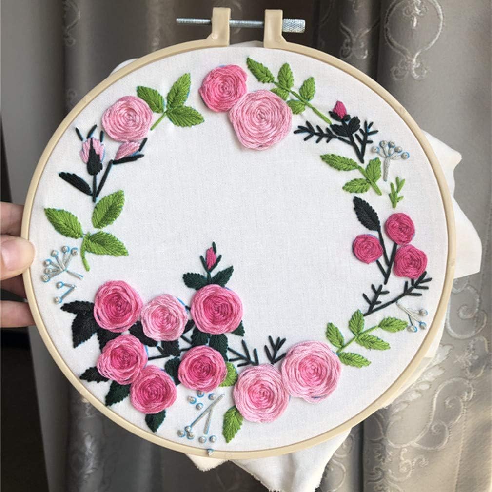 Abillyn Embroidery Starter Kit Pink Rose Stamped with Printed Pattern Cross Stitch Embroidery Kits (Flower 3)
