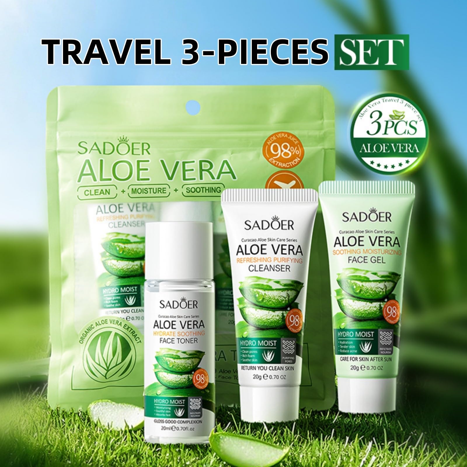 3PCS Aloe Vera Travel Skincare Set for Women & Teenage Girls - Hydrating Soothing Facial Kit with Repairing Gel - Image 2