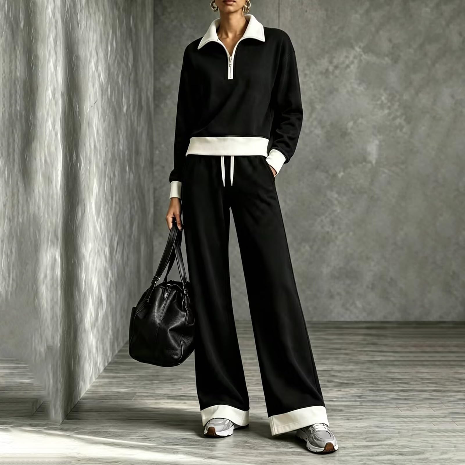 Tuta Da Ginnastica Donna 2 Pezzi Completi Sportiva Manica Lunga Scollo a V Completo Palestra Tuta Da Ginnastica Elegante Set Top E Pantaloni a Gamba Larga Tute Per Jogging Fitness Yoga Da Casa Autunno