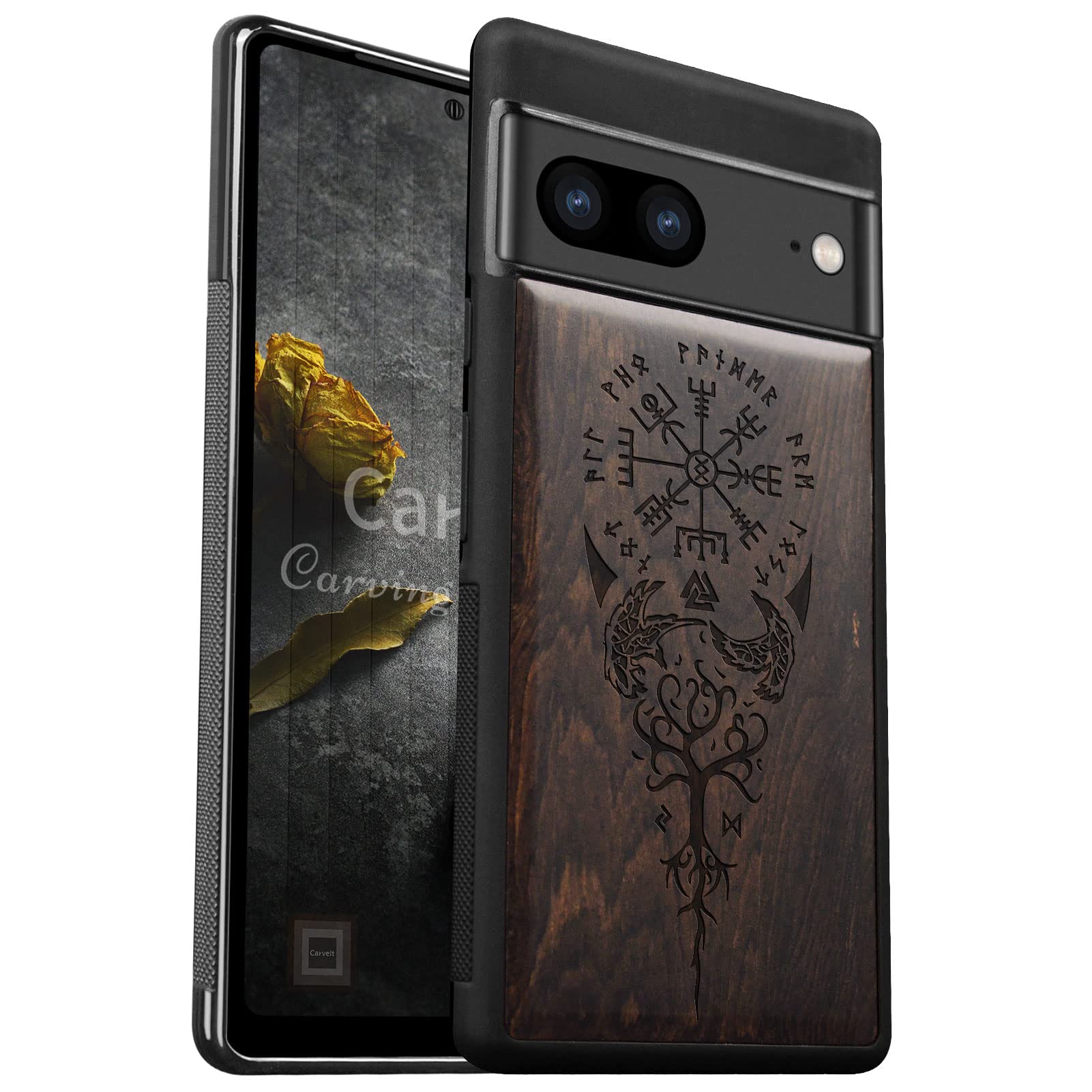Carveit Custodia In Legno Per Google Pixel 7 Pro, Incisione Laser Volpe Nel Bosco, Antiurto Con Paraurti TPU, Supporto Ricarica Wireless