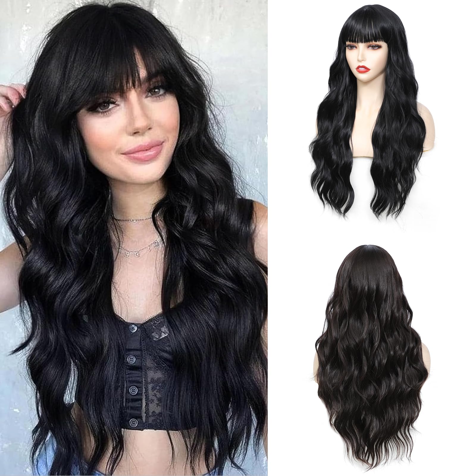 Black Wig With Bangs Long Wavy Wigs for Women 26 Inch Curly Wavy Wig With Bangs Natural Looking Synthetic Heat Resistant Fiber Wig for Daily Party Use