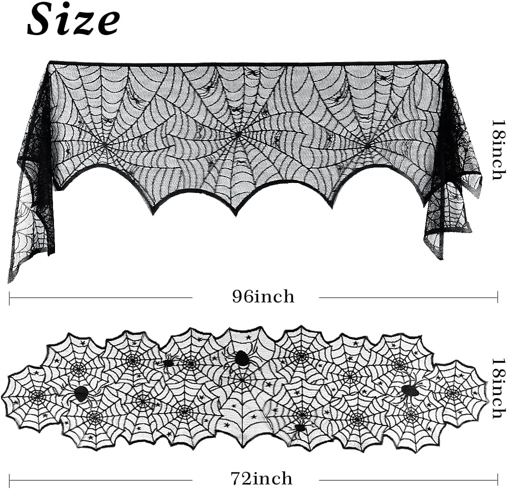 OWUDE 5 Pack Halloween Decorations Sets - Fireplace Mantel Scarf & Lace Tablecloth Runner & Round Table Cover & 60g Stretchy Spider Web & 72pcs Scary 3D Bat for Halloween Party