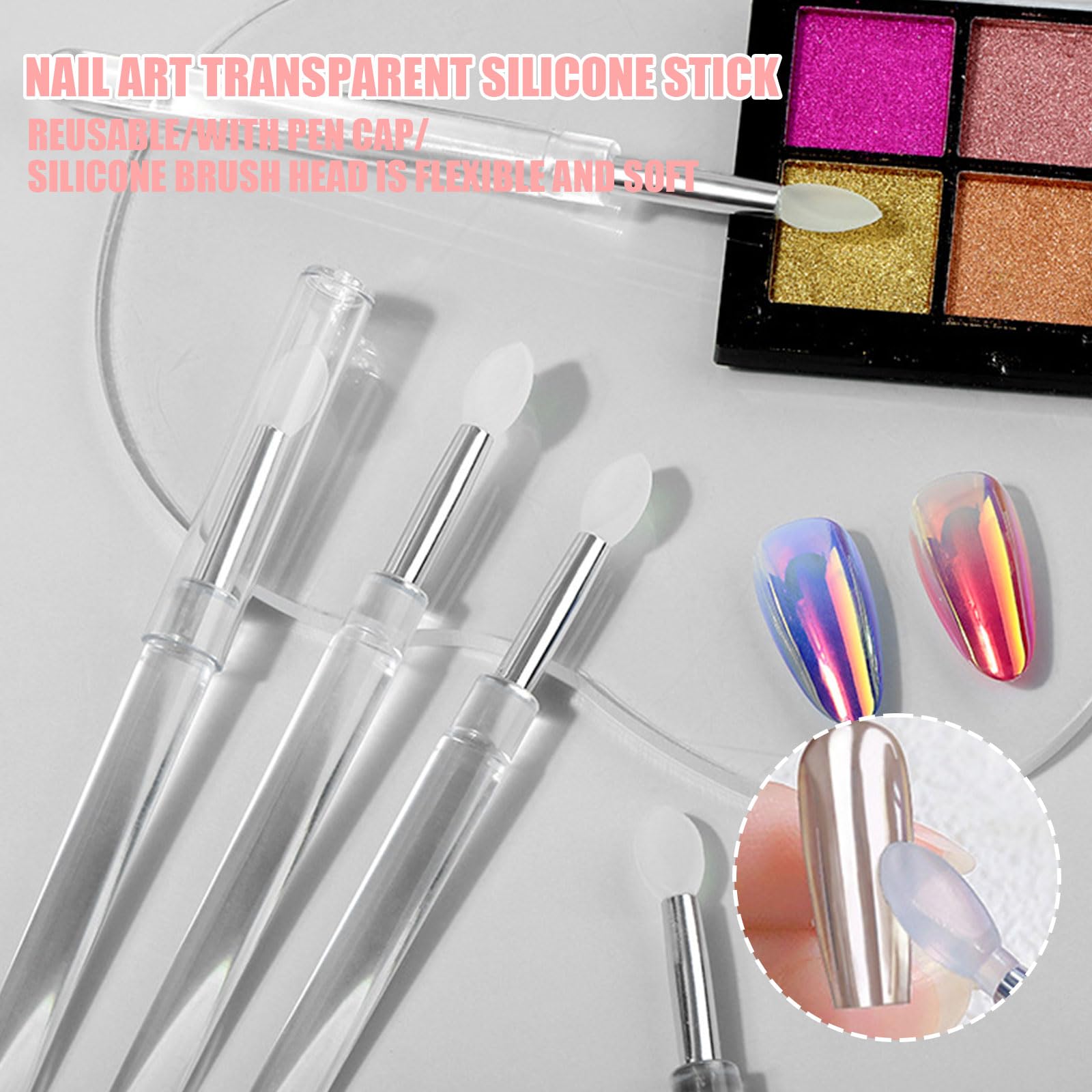 Nail Art Silicone Stick,10PCS Reusable Magic Mirror Powder Aurora Glitter Pigment Applicator Sticks with Cover,Nail Art Brushes for Lipstick Eyeshadow Makeup Nail Art Design - Image 3