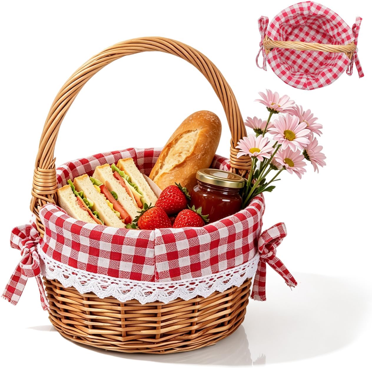 Cabilock Handwoven Willow Basket with Handle and Cloth Lining 9.05X5.51X5.51 Inch Decorative Wicker Basket for Wedding Flower Girl Picnic Outdoor Party and Home Storage