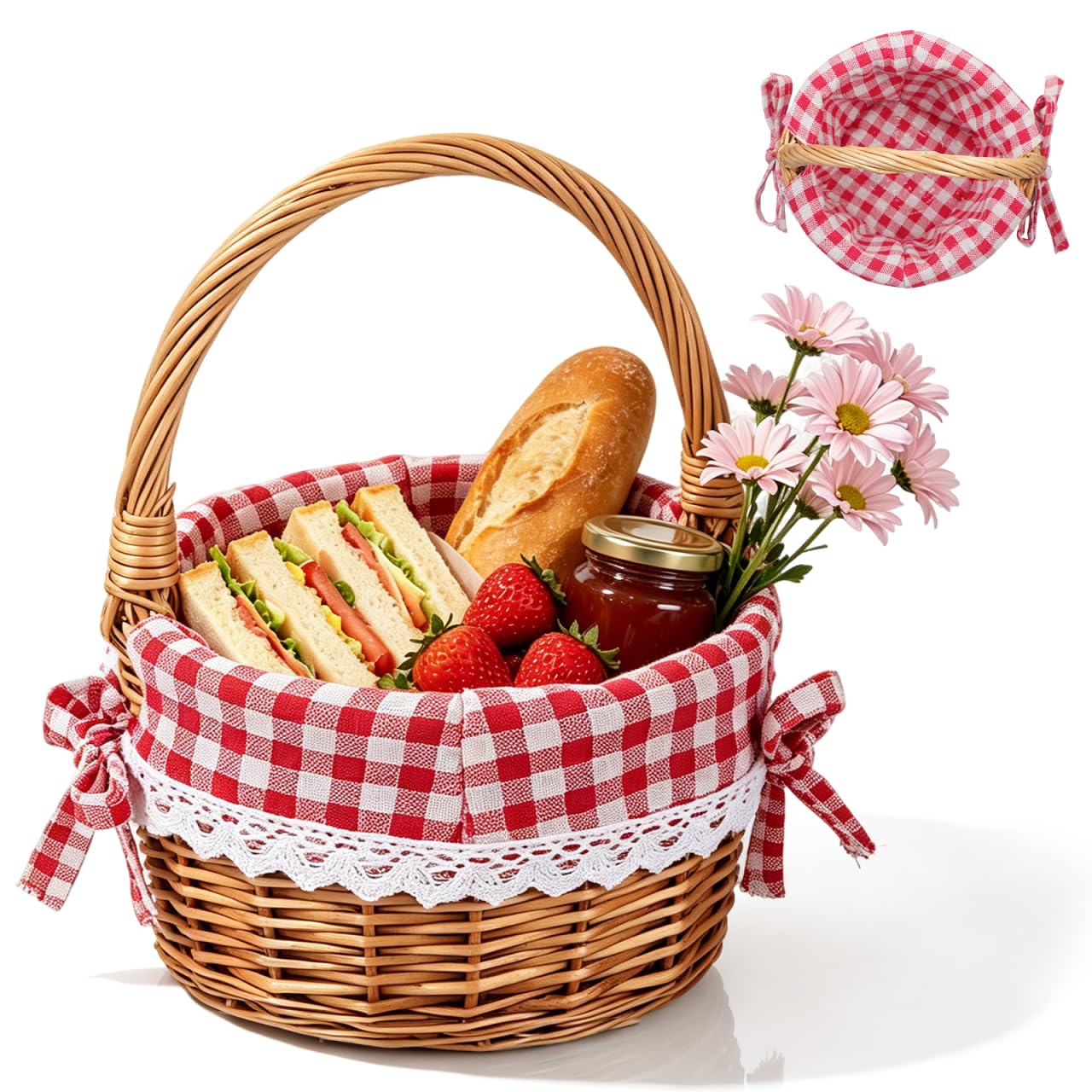 Tofficu Handwoven Round Wicker Flower Basket with Handles Natural Color Red Check Lining Handcrafted Storage Basket for Easter, Wedding, Picnic, and Party Favors