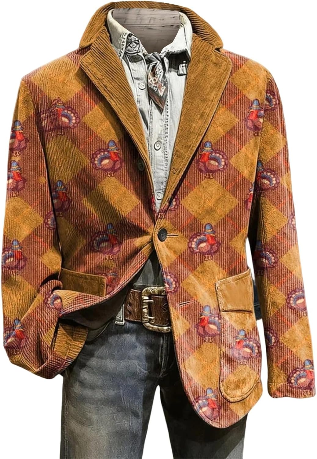 Mens Christmas Suit Jackets Corduroy Xmas Prints Retro Jacket Lapel Collar Button-Down Holiday Blazers with Pockets