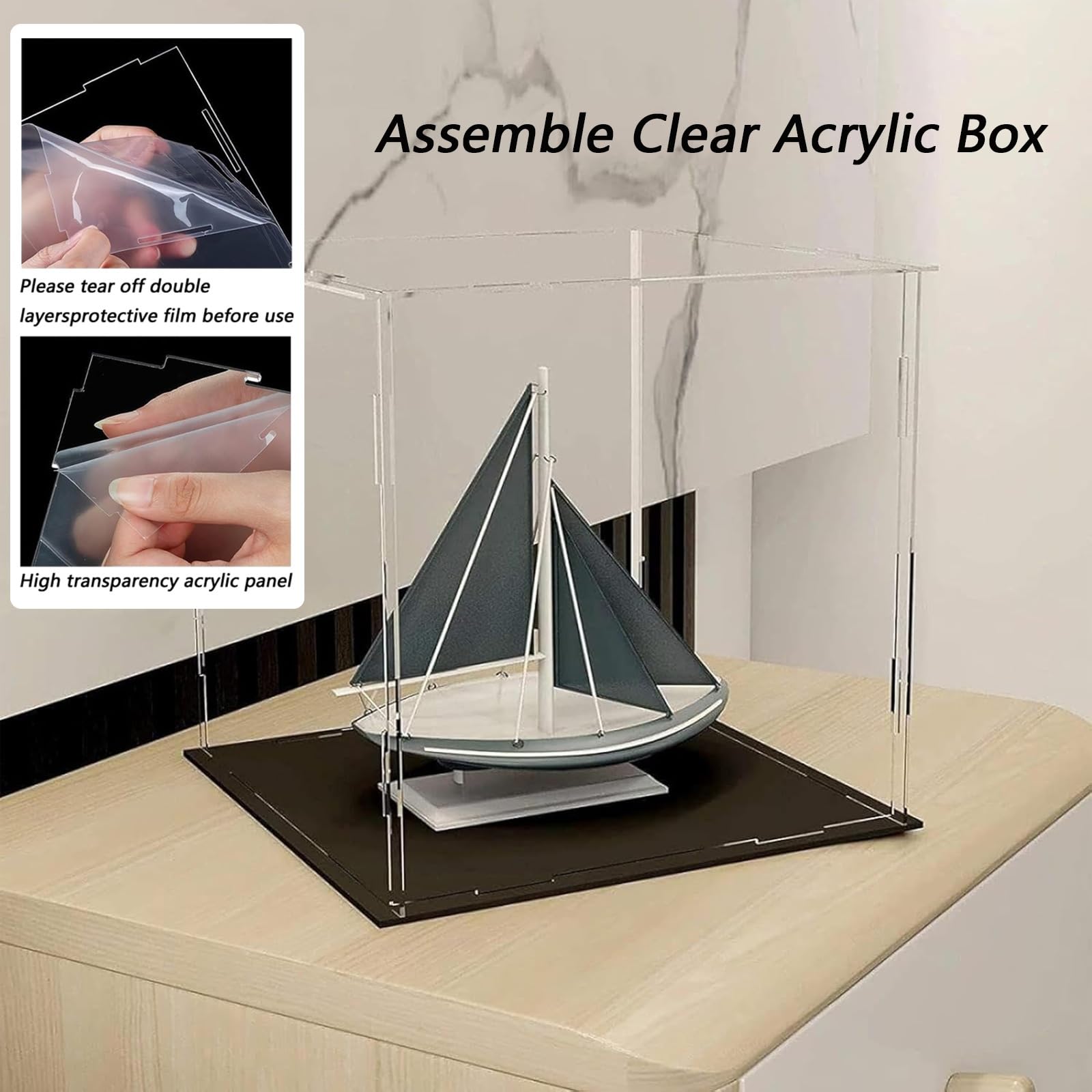 Vitrine Klare Kasten mit Schwarzem Boden, Selbstmontierbare Rechteckige Acryl Boxen für Die Präsentation Staubdichter Schutz Vitrine, für Modellautos, Figuren, Sammlerstücke(H30cm,LxW 30x25cm)