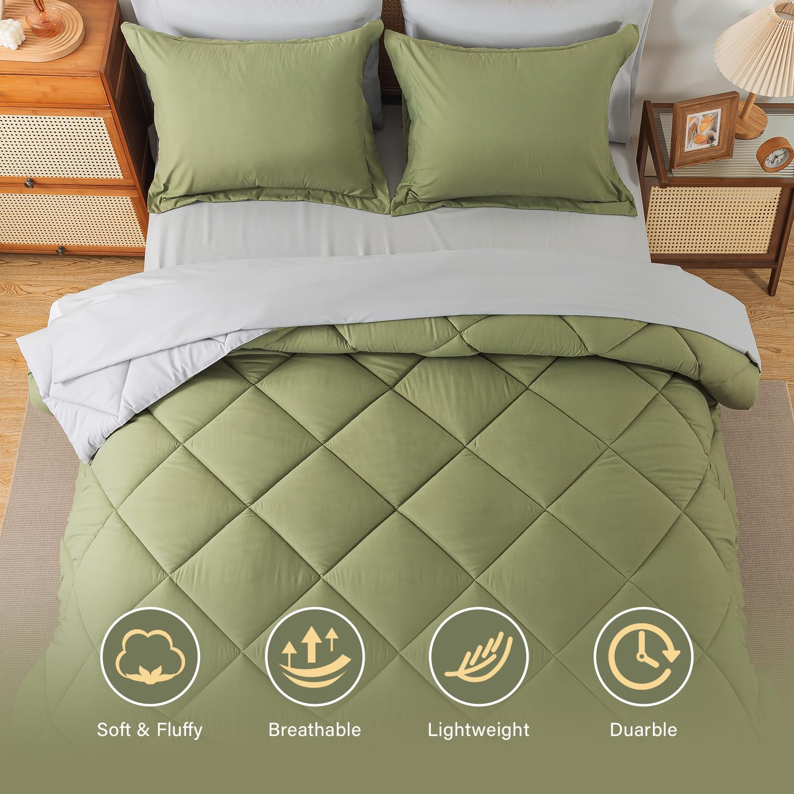 Cosybay Bed in a Bag Queen Comforter Sets 7pcs All Season Solid Down Alternative Bedding Sets Sage Green and Grey with Comforter, Pillow Shams, Flat Sheet, Fitted Sheet and Pillowcases