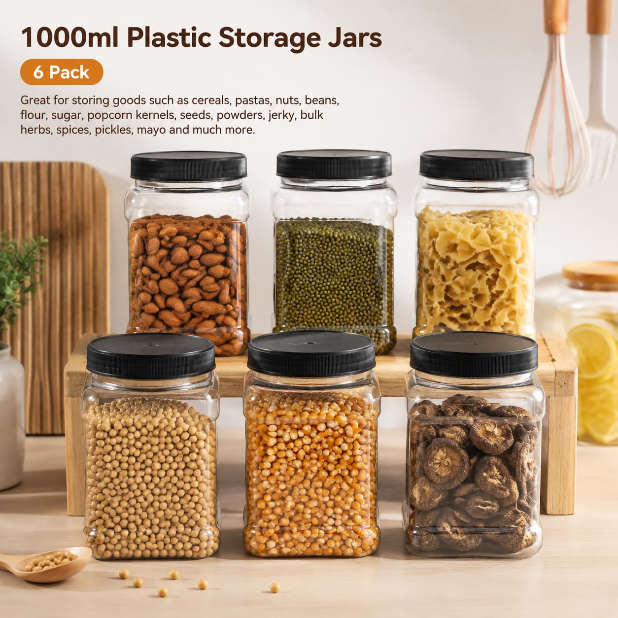 Lawei Confezione da 6 barattoli in plastica trasparente con coperchio, contenitori quadrati in plastica con manici facili da impugnare, per prodotti secchi, biscotti, caramelle e altro ancora