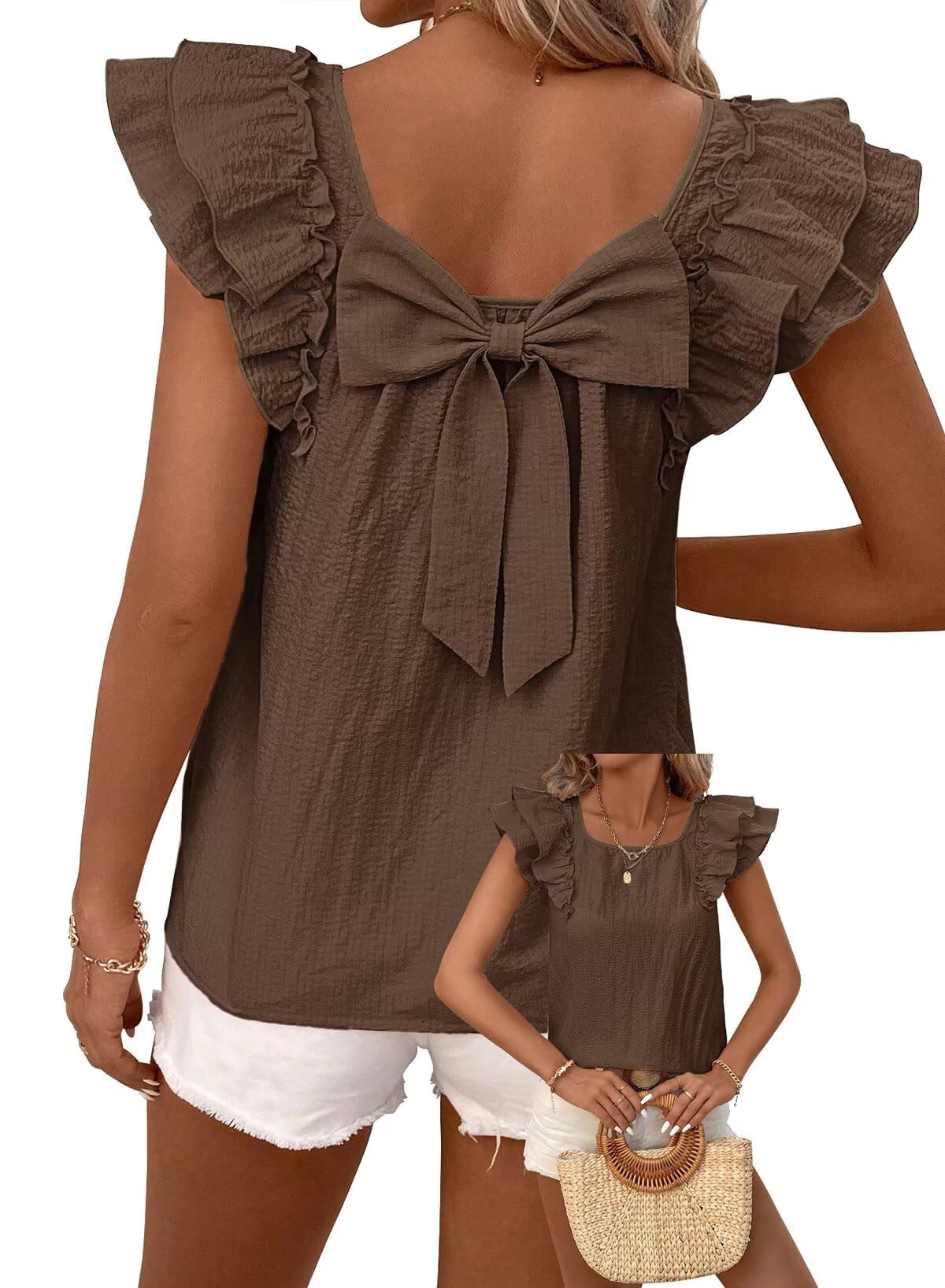 TUUHAW Top Damen Sommer Süße Oberteile Rundhals T-Shirt Kurzarm Bluse mit Rüschen Tunika Lässige Outfits Chiffon Puffärmel Rücken-Schleife Kleidung