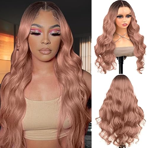 Swetcurly Peluca sintética de color negro a rosa degradado para mujer, pelucas largas de onda natural resistente al calor, aspecto natural, color