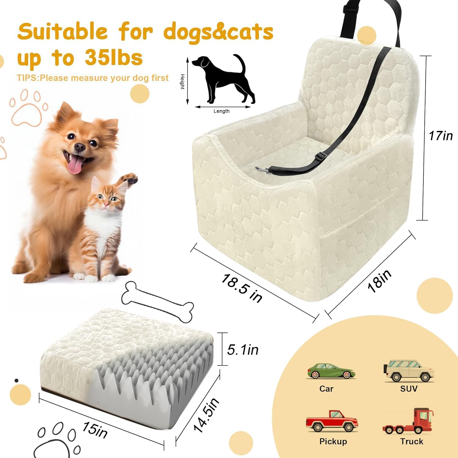 Dog Car Seat for Small/Medium Dogs, Memory Foam Dog Booster Seat, Travel Safety Per Car Seat with Washable Removable Cover, Storage Pockets for Dogs up to 35 lbs (White, Small) image 2