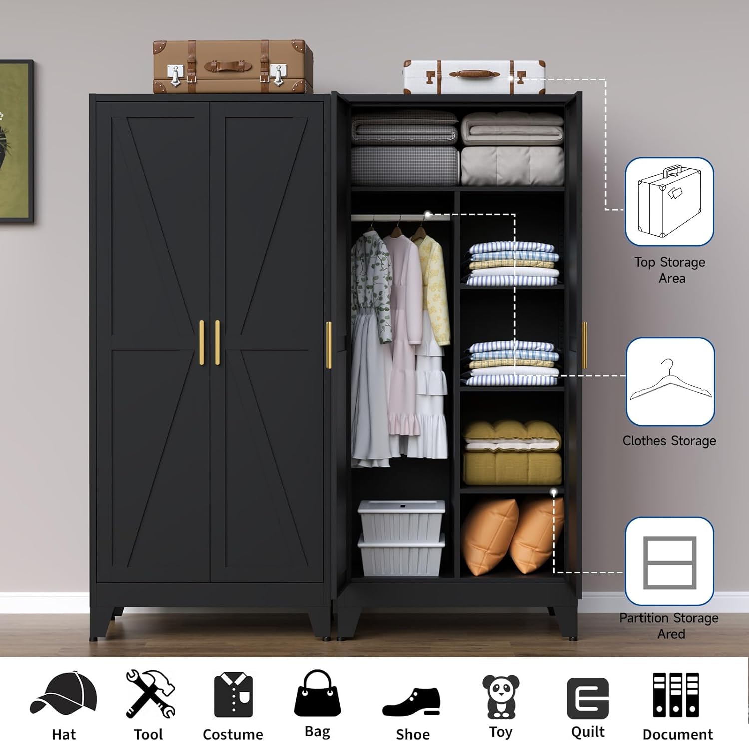 Steel Armoire Wardrobe Closet, 71" Metal Clothing Storage Cabinets with 2 Doors & 3 Adjustable Shelves, Black Wardrobe Cabinet with Hanging Rod for Bedroom, Gym