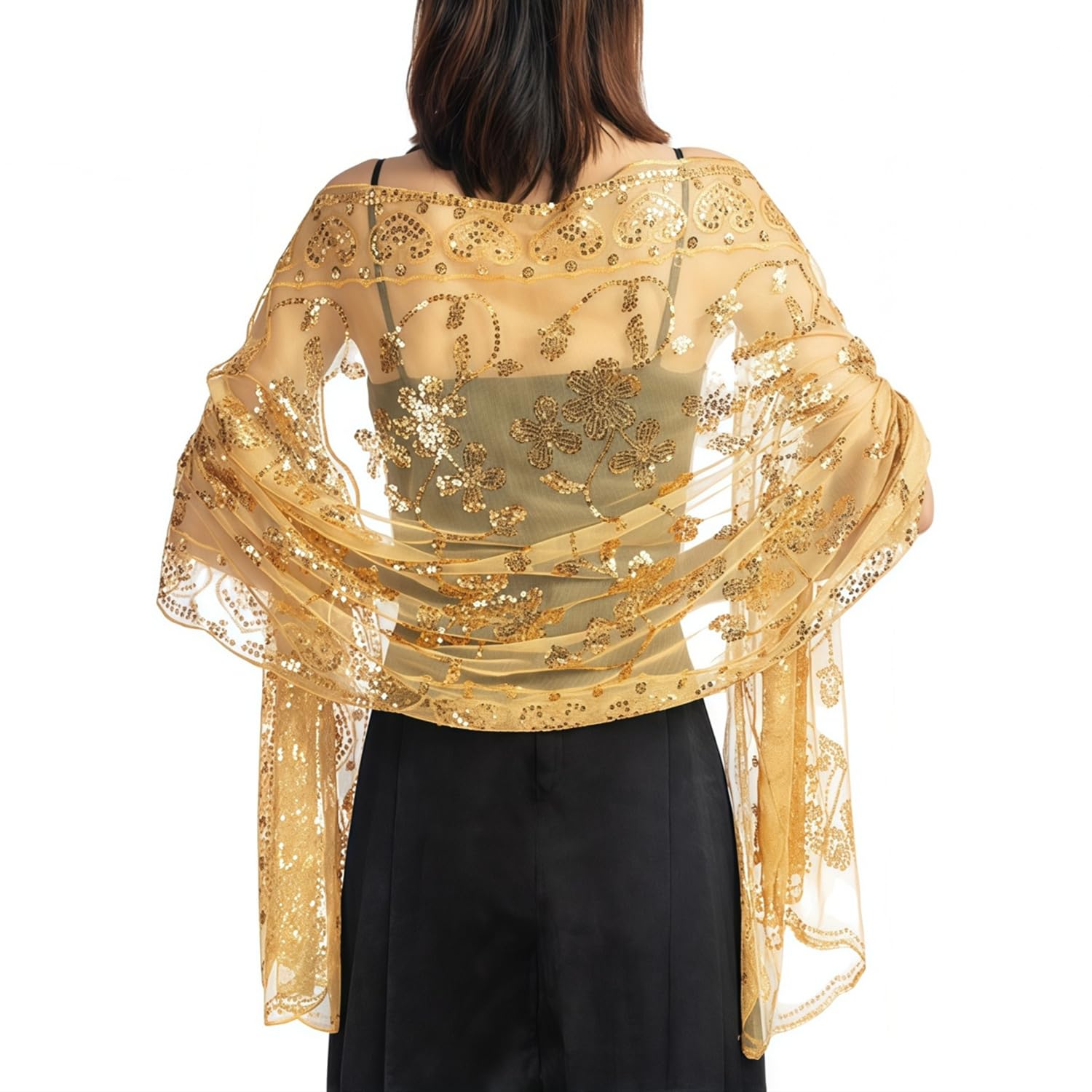 MANJIAMEI Women's Flower Heart Sequin Shawls and Wraps for Evening Dresses, Elegant Embroidered Sparkly Long Scarf Sheer Mesh Wedding Stole for Bridal Ladies Cocktail Parties Proms, Gold