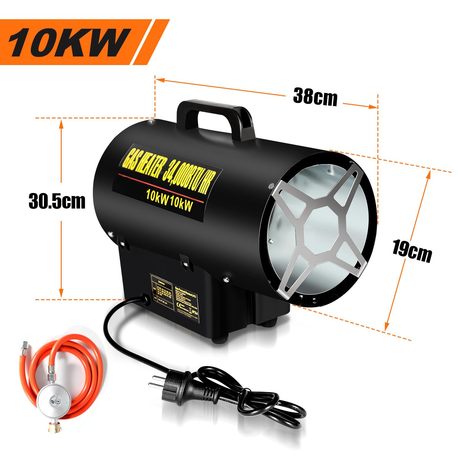 Eulenke Calefactor de gas de 10 kW, caudal de aire de 320 m³/h, incluye manguera de gas y reductor de presión, cañón de calor, generador de aire caliente, calentador de construcción con protección