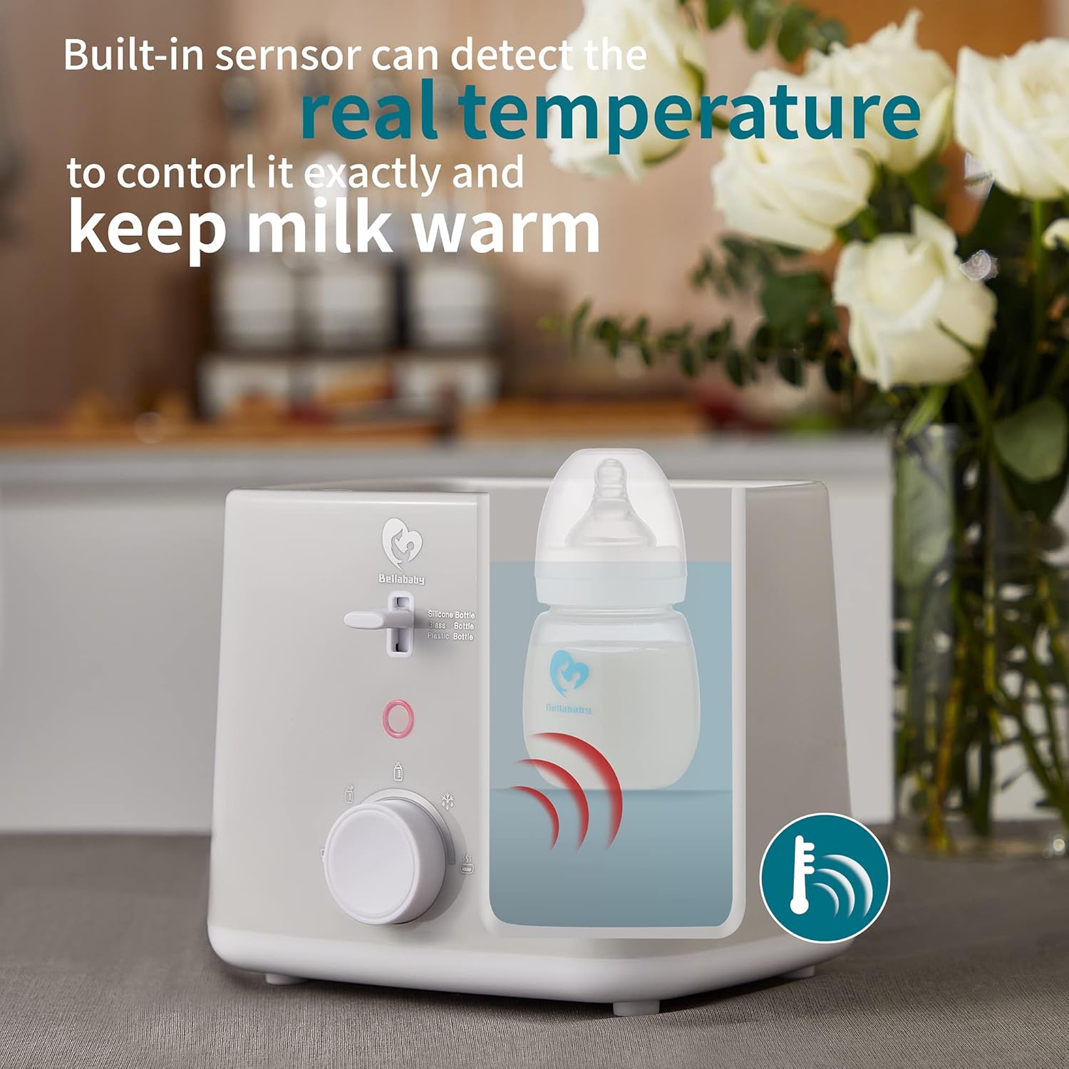 Bellababy Double Bottle Warmer with a bottle inside, illustrating the built-in sensor detecting real temperature for accurate control and keeping milk warm.