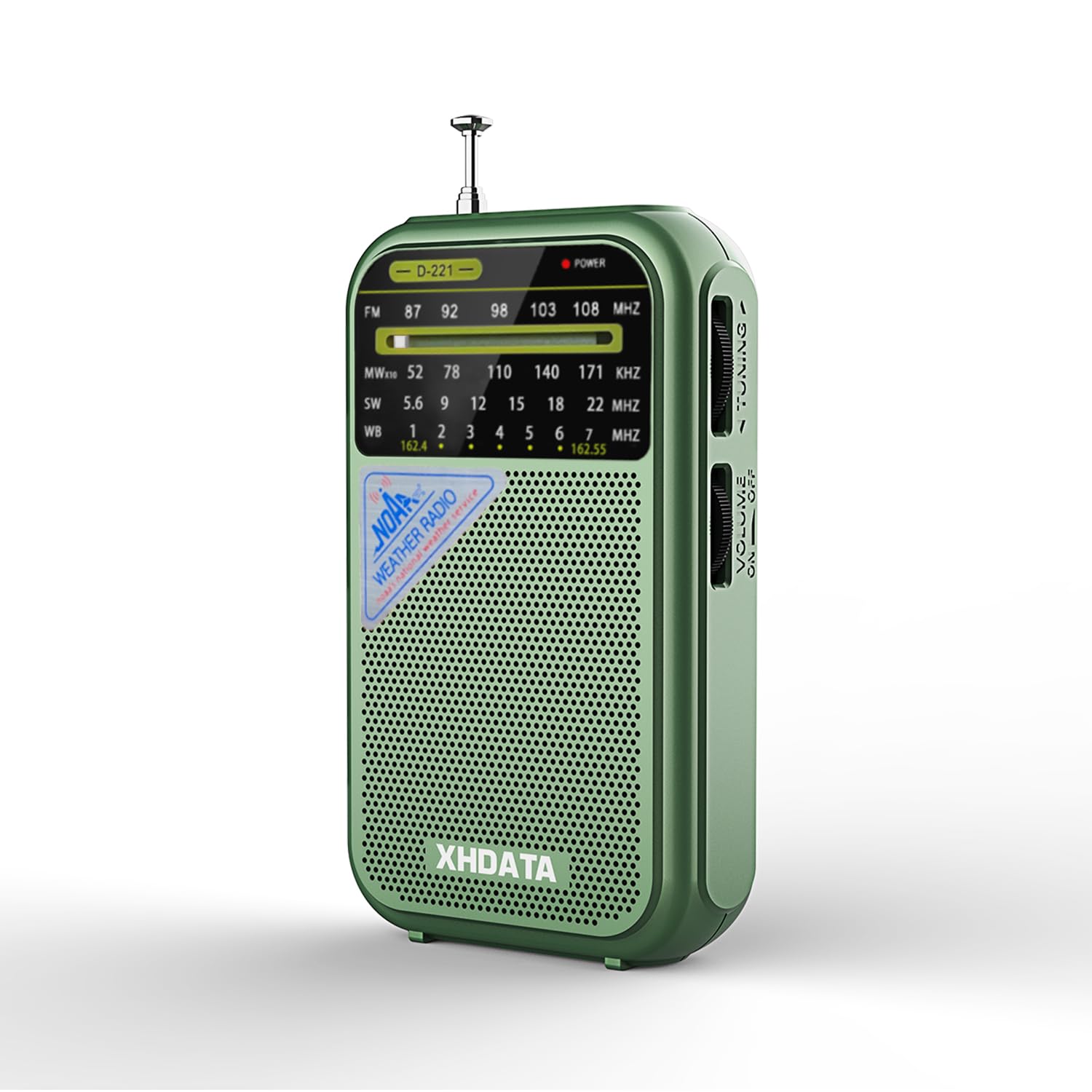 xhdata d221 noaa weather radio portable am fm shortwave radio receiver, 2 aa battery operated, transistor radio with excellent reception for gift, family, elder (green)