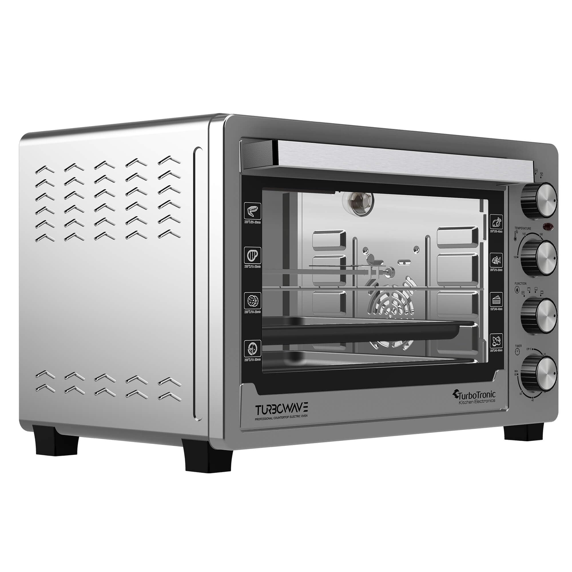 TurboTronic Elektrobacköfen mit Umluft, Grill & Drehspieß | 30 L, 38 L & 45 L Edelstahl-Tischbacköfen mit Timer & Doppelglastür für Pizza, Braten, Aufläufe (45L)