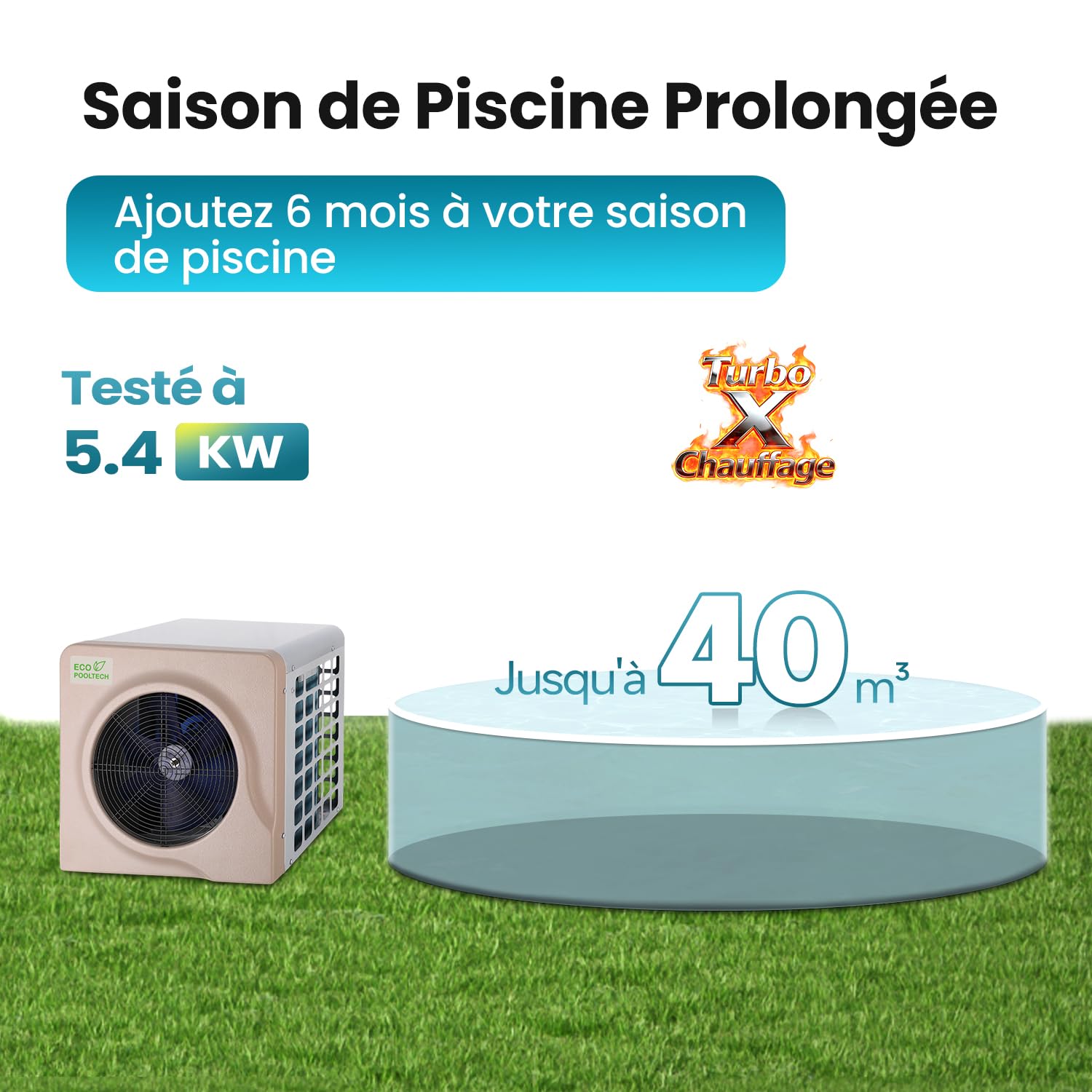 ECOPOOLTECH Pompe à Chaleur Piscine Hors Sol - jusqu'à 40 000 l, Max5,4 KW Chauffage Piscine, Marron