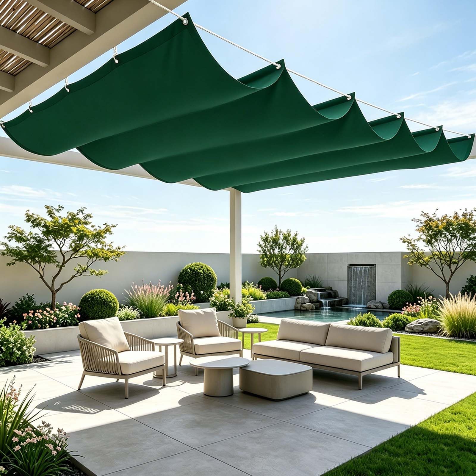 Tenda Parasole a Onda Retrattile 300 x 600 cm Protezione Dai Raggi Uv, con Occhielli e Corda di Fissaggio Tenda da Sole per Esterno Vela Parasole per Terrazze, Pergolato, Verde Scuro