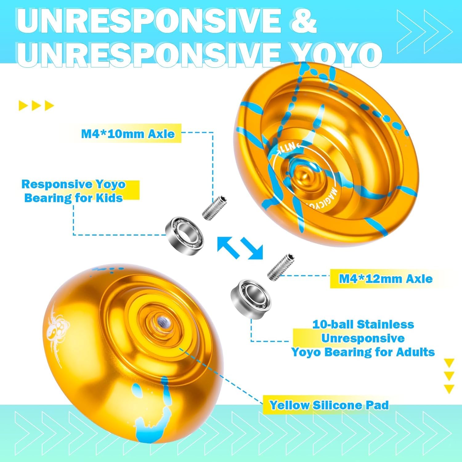 The Autostory Magic Yoyo N11 Professional Unresponsive Alloy Aluminum Yo-Yo Ball with 12 Strings and Responsive Bearing Kit (Golden Blue) 2