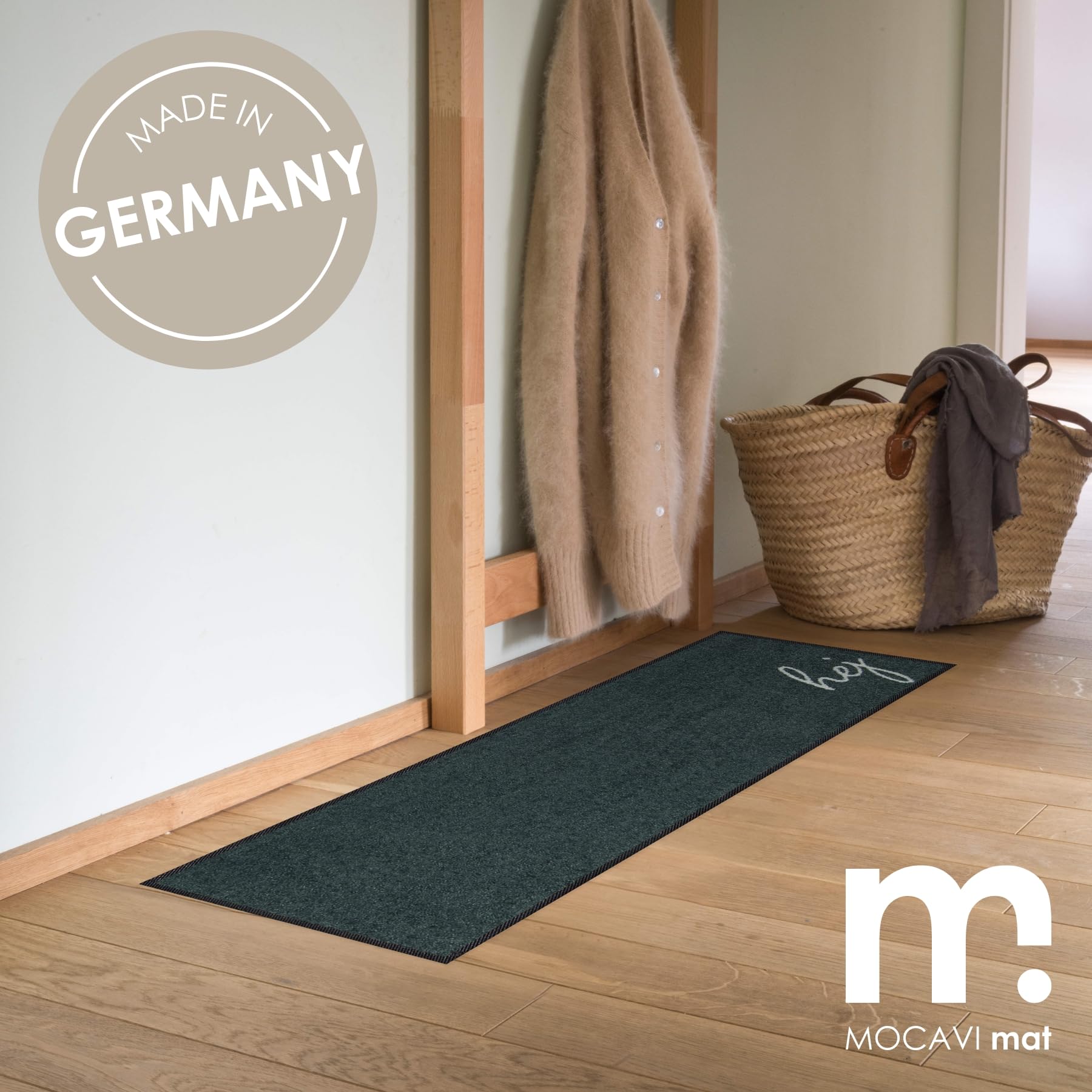 MOCAVI Mat Fußmatte Schuhparkplatz mit Rand waschbar außen & innen anthrazit 30x100 cm Hej Schuh-Teppich lang, schmal, Schuhe ausziehen, Deko sbereich innen, außen, Matte, Haustür, Stiefelmatte