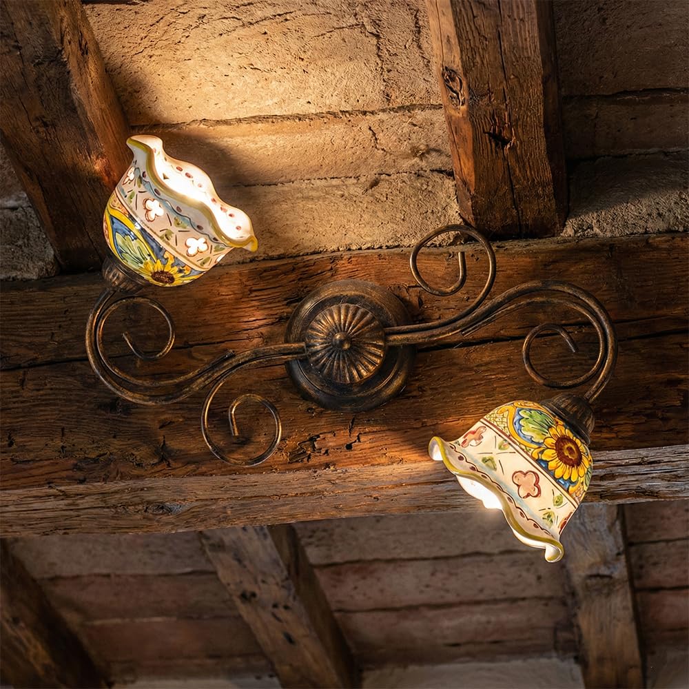 Generico Plafoniera da soffitto rustica classica in ferro battuto e ceramica 2 luci camera da letto, salotto Candida-PL2