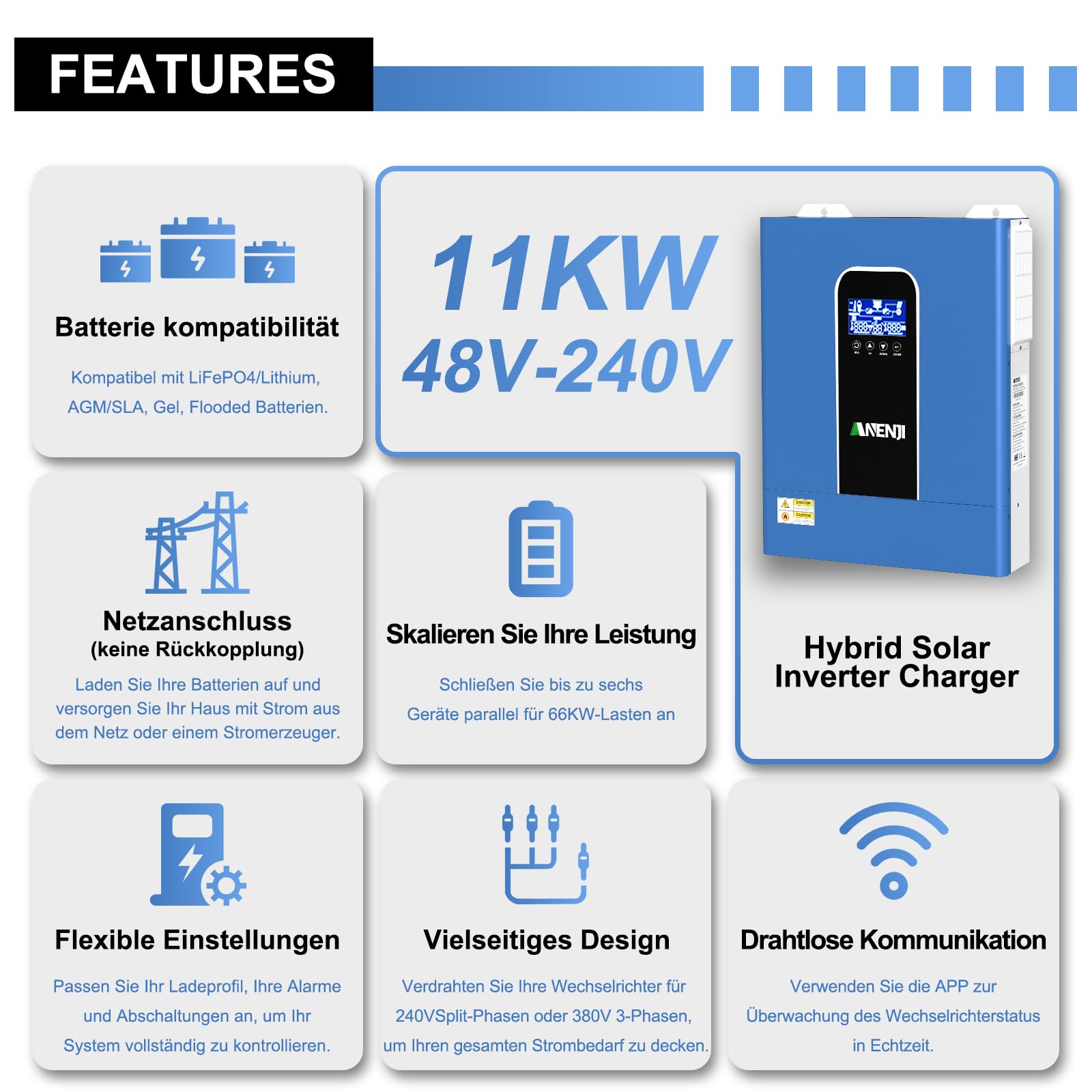 Inverter ibrido 11000 W, 48 V, funziona senza batteria, funzione parallela, max PV 500 Vdc, inverter sinus puro 230 V, regolatore MPPT 120 A, per batterie al litio