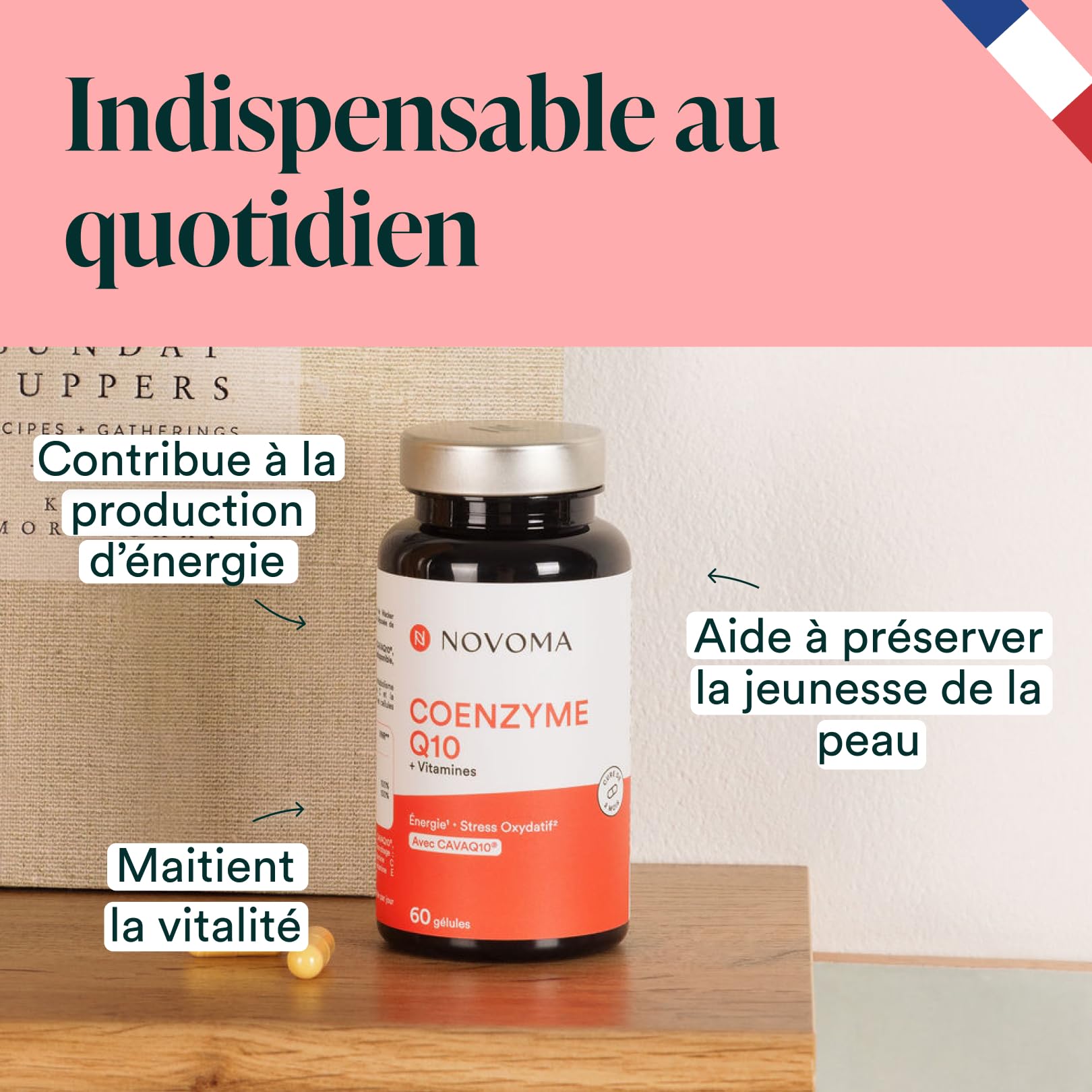 NOVOMA Coenzyme Q10, Énergie Cellulaire et Antioxydant, avec CAVAQ10® Haute Biodisponibilité, Vitamines C et E, Cure de 2 mois, 60 Gélules, Fabriqué en France