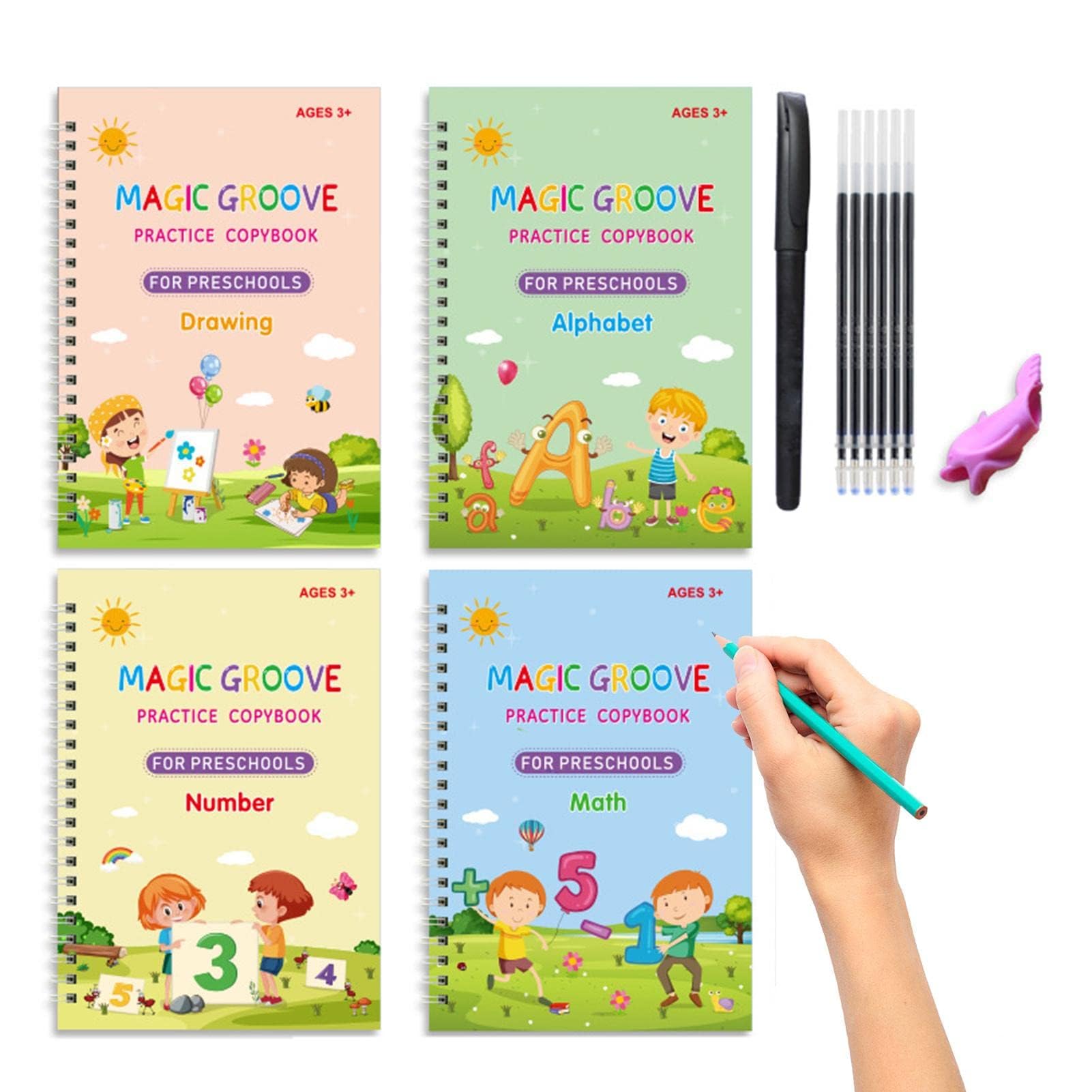 Azonee Magic Ink Copybooks for Kids, Reusable Handwriting Workbooks for Preschools Grooves Template Design and Handwriting Aid Magic Practice Copybook for Kids (4 books+Pens) (Style A)