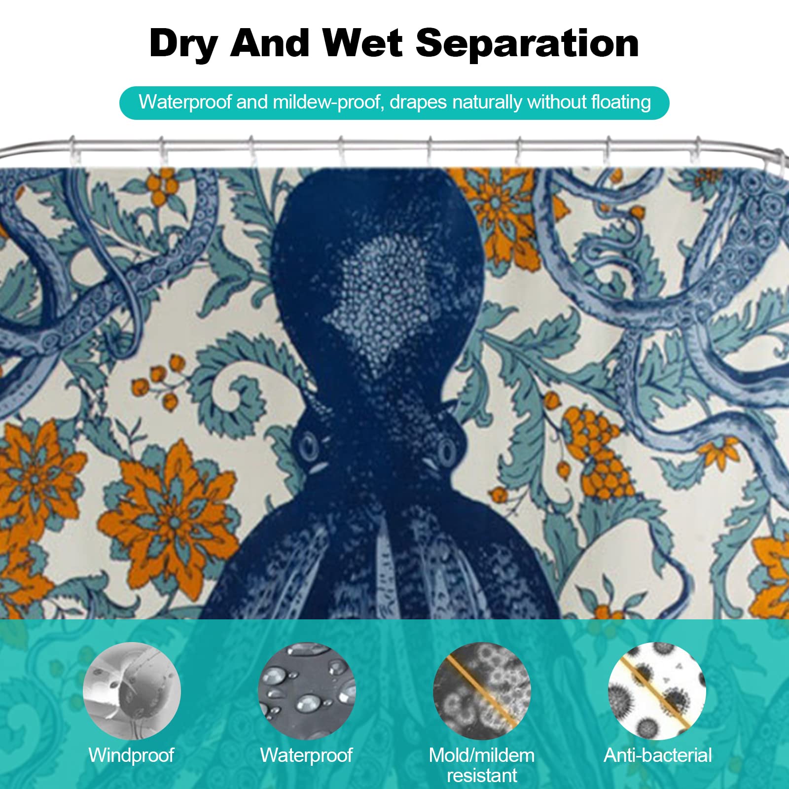 Ergocar Rideau de Douche, Imperméable Antibactérien Rideau de Douche, Rideaux Salle de Bain avec 12 Crochets, Séchage Rapide(Coussin de Toilette, Coussin en Forme de U, Coussin de Sol)