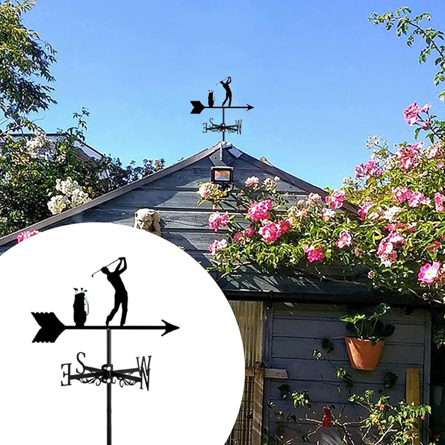 Golfer Weather Vane Roof Mount, 15.8- Inch Weathervane with Golfing Iron Ornament- Stainless Steel Spray Paint Decorations for Outdoor Yard Garden,Play Golf