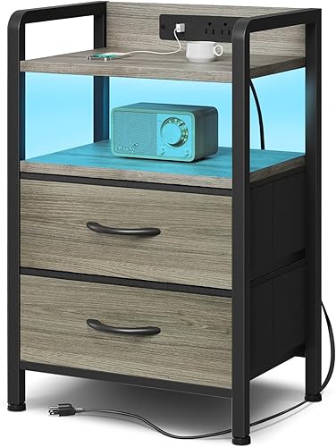 Vista 18 de Mesita de noche para dormitorio, mesita de noche con estación de carga y tira de luz LED, mesita de noche con estante de almacenamiento y 2 cajones