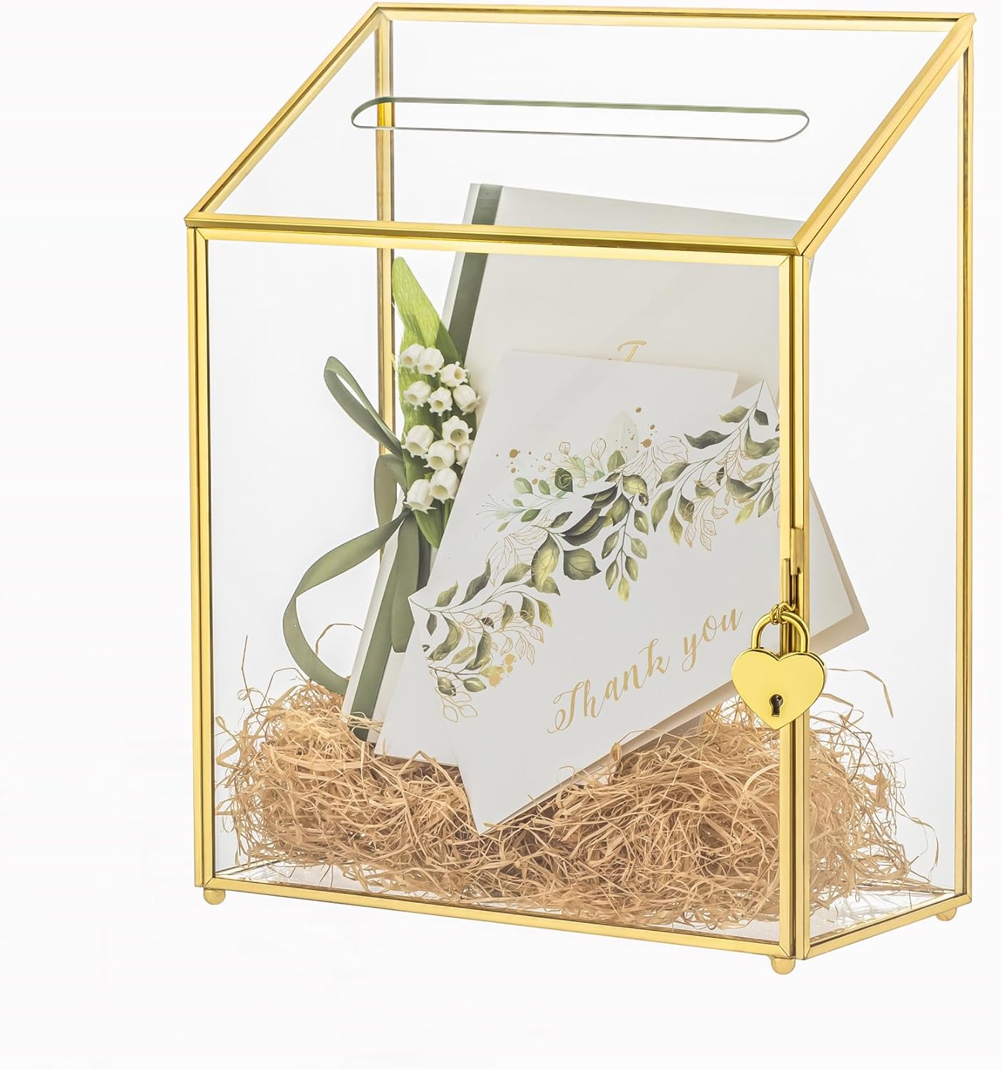 NCYP Small Wedding Glass Cards Box with Slot and Lock - 9.5x4.5x11.8 inches Gold Card Holder for Birthday Party Reception, Indoor Decor - Slot Length 7.1'' (Glass Box Only)