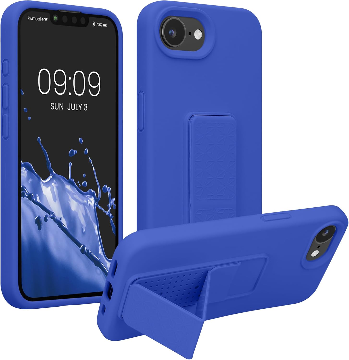 kwmobile Case Compatible with Apple iPhone 16e - Case with Hand Strap and Stand Soft TPU Silicone Coating - Baltic Blue