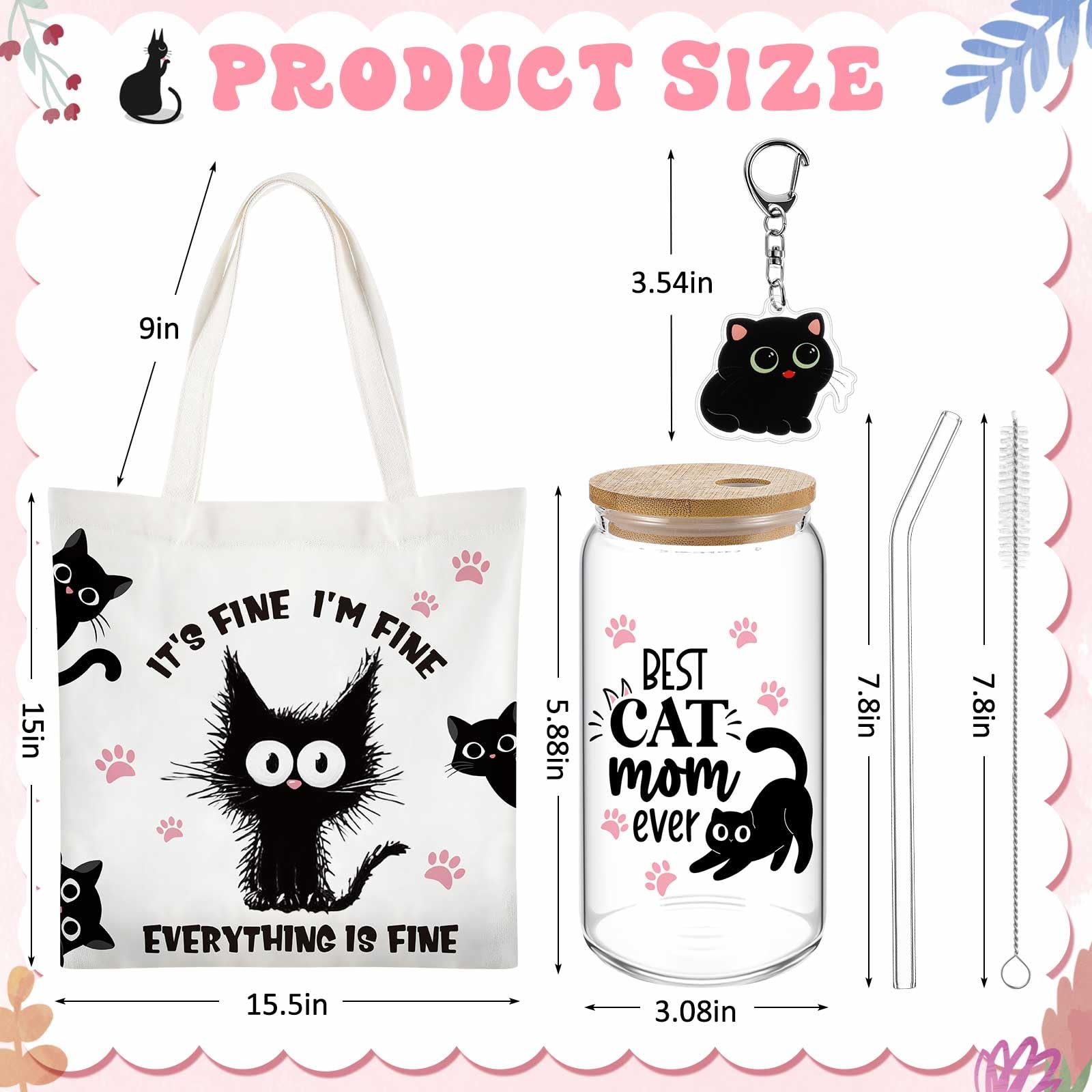 Paterr 4 regalos para amantes de los gatos para mujeres, regalo temático de gatos para cumpleaños con bolsa de lona de vidrio de 16 onzas con calcetines de pajita, bonito llavero