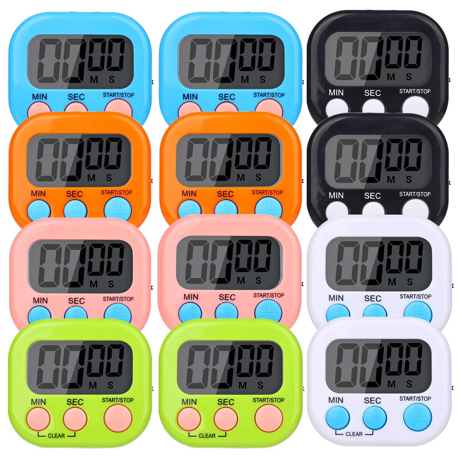 Lot de 12 minuteurs numériques magnétiques pour cuisine, salle de classe, chronomètre, 6 couleurs, petit compte à rebours numérique, alarme forte pour cuisine, étude, travail, pâtisserie, jeux de