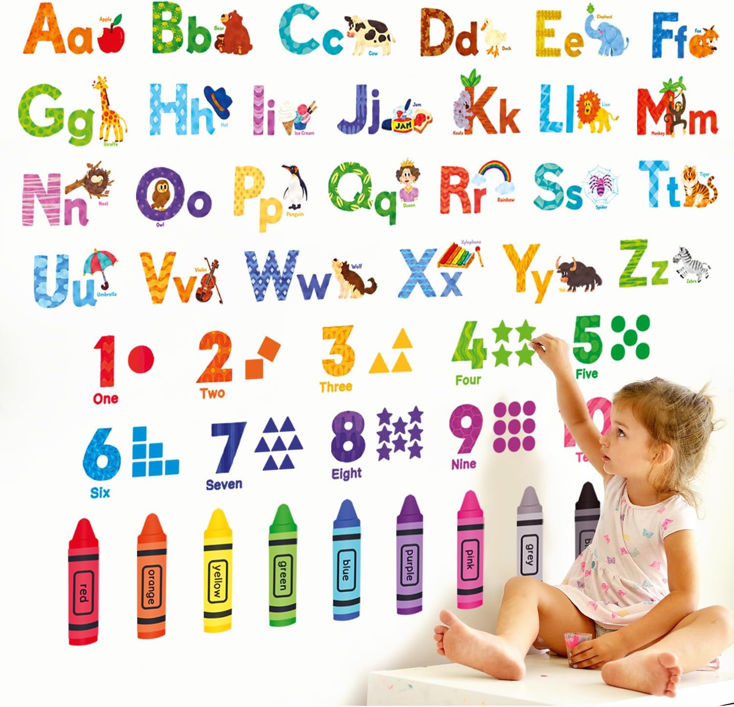 DECOWALL DS-8044 Learning Alphabet Numbers Color Wall Stickers ABC Animal Educational Decals for Kids Bedroom Nursery Living Room Art Home décor letters abc classroom playroom decorations crafts vinyl