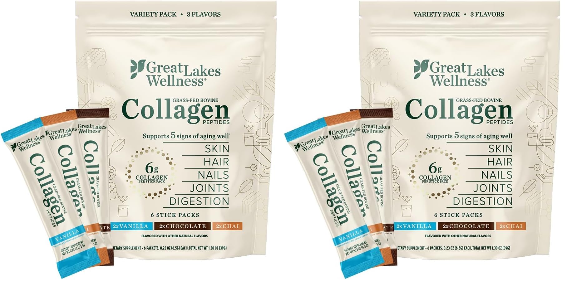 Great Lakes Wellness Collagen Peptides Powder for Skin, Hair, Nails, Joints & Digestion - Variety Flavors - Quick Dissolve Hydrolyzed, Non-GMO, Kosher - 6 Sticks - Packaging May Vary (Pack of 2) Variety 1.38 Ounce (Pack of 2)