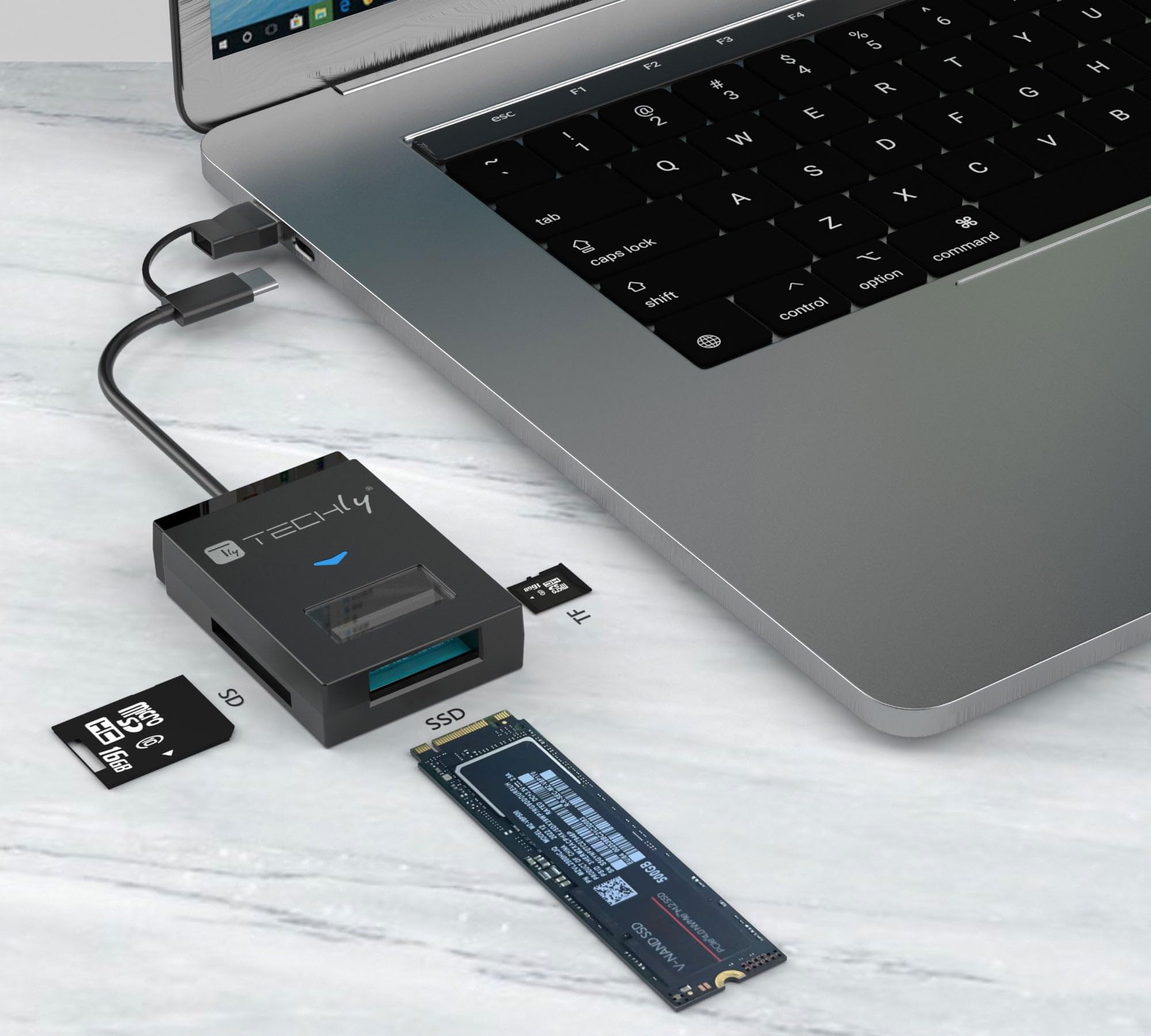 Techly 622298 Adaptador USB-A/USB-C a NVME/SATA M.2 con lector de memoria SD/TF negro