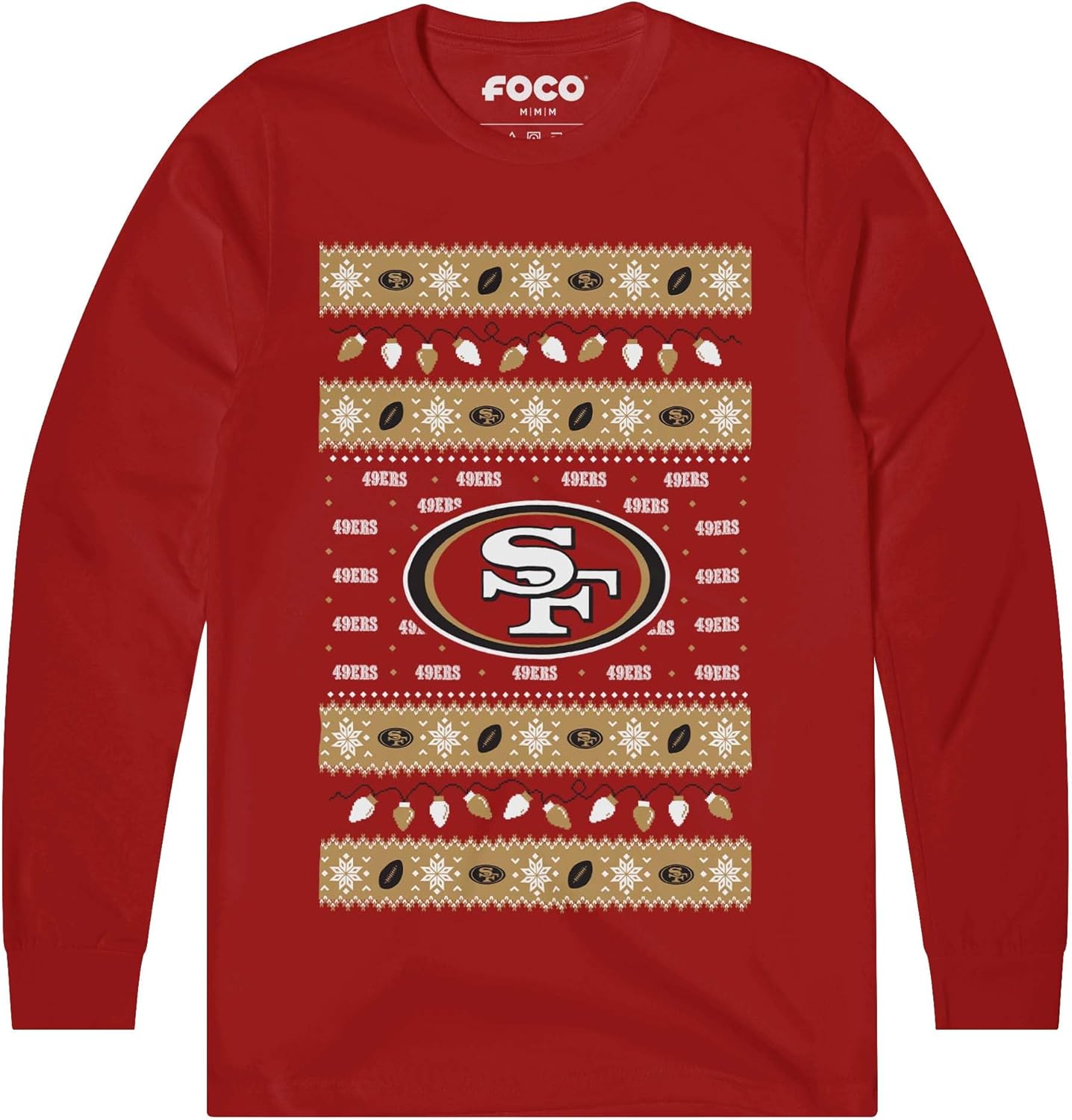 FOCO NFL Mens NFL Team Logo Holiday Lights Sweater Long Sleeve T-Shirt - Image 2