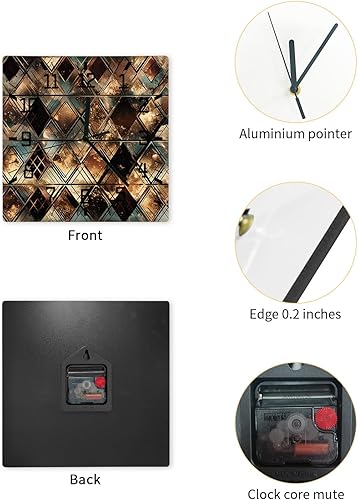Miniatura 2 de Brown Geometric Wooden Wall Clock Silent Non Ticking, Diamond Plaid Modern Abstract Art Square Wall Clock Battery Operated, Decor Clock for Home