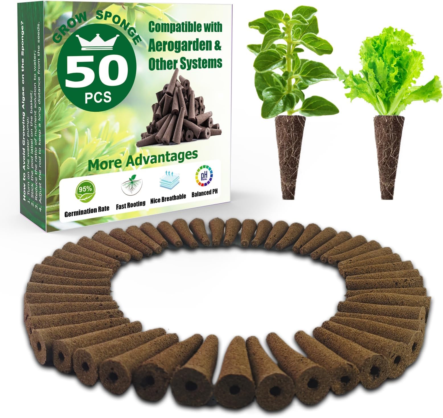 Seed Starter Grow Sponges for Aerogarden, PH-Balanced Refill-Seed Pods Replacements for Indoor Hydroponic System, 50 Pack, Brown