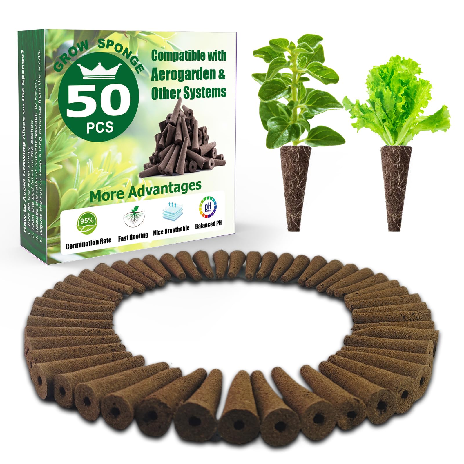 Seed Starter Grow Sponges for Aerogarden, PH-Balanced Refill-Seed Pods Replacements for Indoor Hydroponic System, 50 Pack, Brown