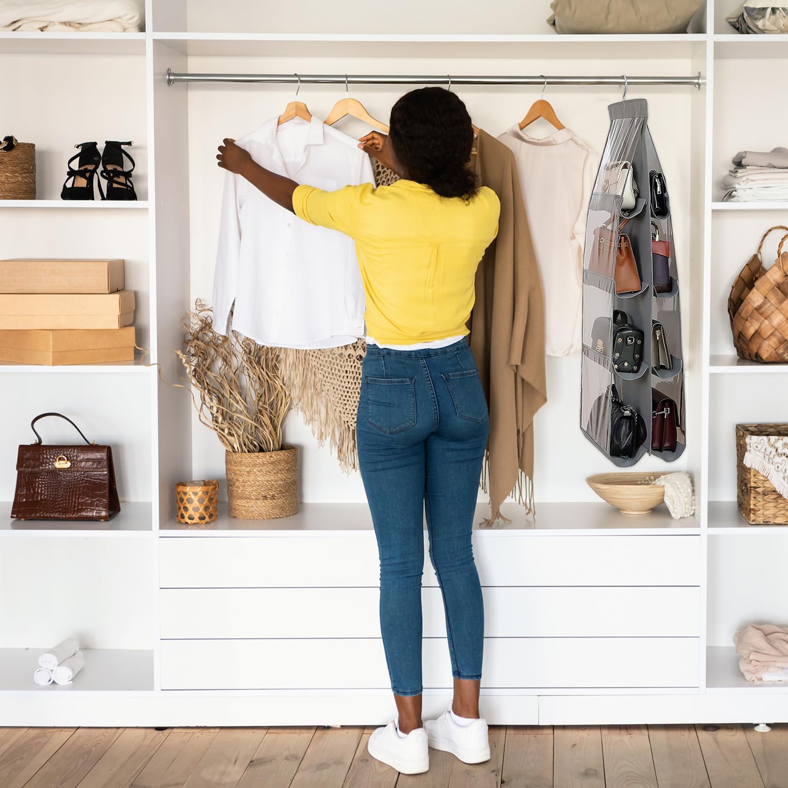 Handtaschen Aufbewahrung, 2 Stück Hanging Handbag, Kleiderschrank Organizer, Organizer Hängend mit 8 Durchsichtigen Kunststofffächern, Taschen aufbewahrung für Familienschrank Schlafzimmer (Grau) Fashion