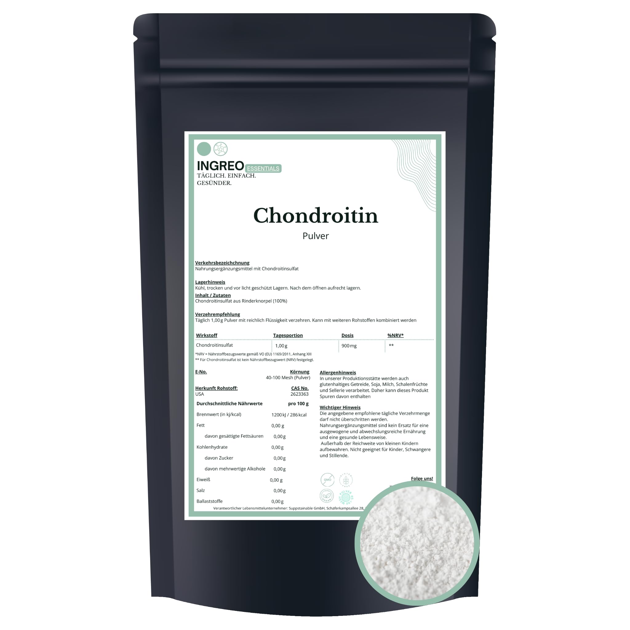 300 g | Chondroitin Pulver | Chondroitinsulfat Rohstoff | 100% rein | ohne Füllstoffe | Premiumqualität | Supplement Lebensmittel | INGREO