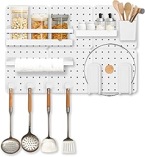 Treetoi Pegboard Combination Wall Organizer Kit,6 Pieces Pegboard and 11 Accessories Modular Hanging,Wall Mount Display Pegboard Panel Kits,Peg Board Organizer for Craft Room Garage Kitchen Office