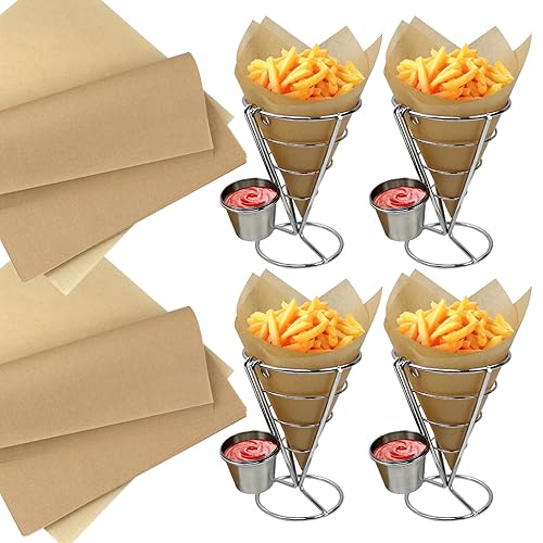 Miniatura 10 de 4 soportes para papas fritas con cono francés, cesta con taza de salsa, alambre de metal, soporte para papas fritas para alimentos, soporte para