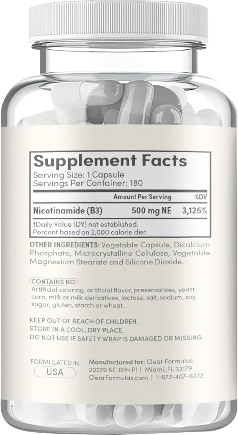 Vitamin B3 Nicotinamide 500mg - High Absorption Form of Vitamin B3 Niacin Flush Free for Hear Skin Brain and Energy Support - NAD Precursor - Made in a cGMP American Facility (180 Servings) - Image 3